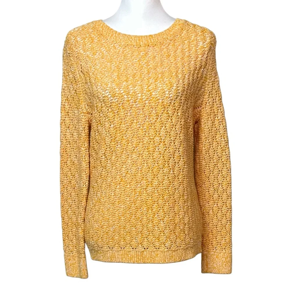 Talbots‎ Pointelle Cotton Open Knit Crewneck Marled Sweater Yellow Women's Sz M